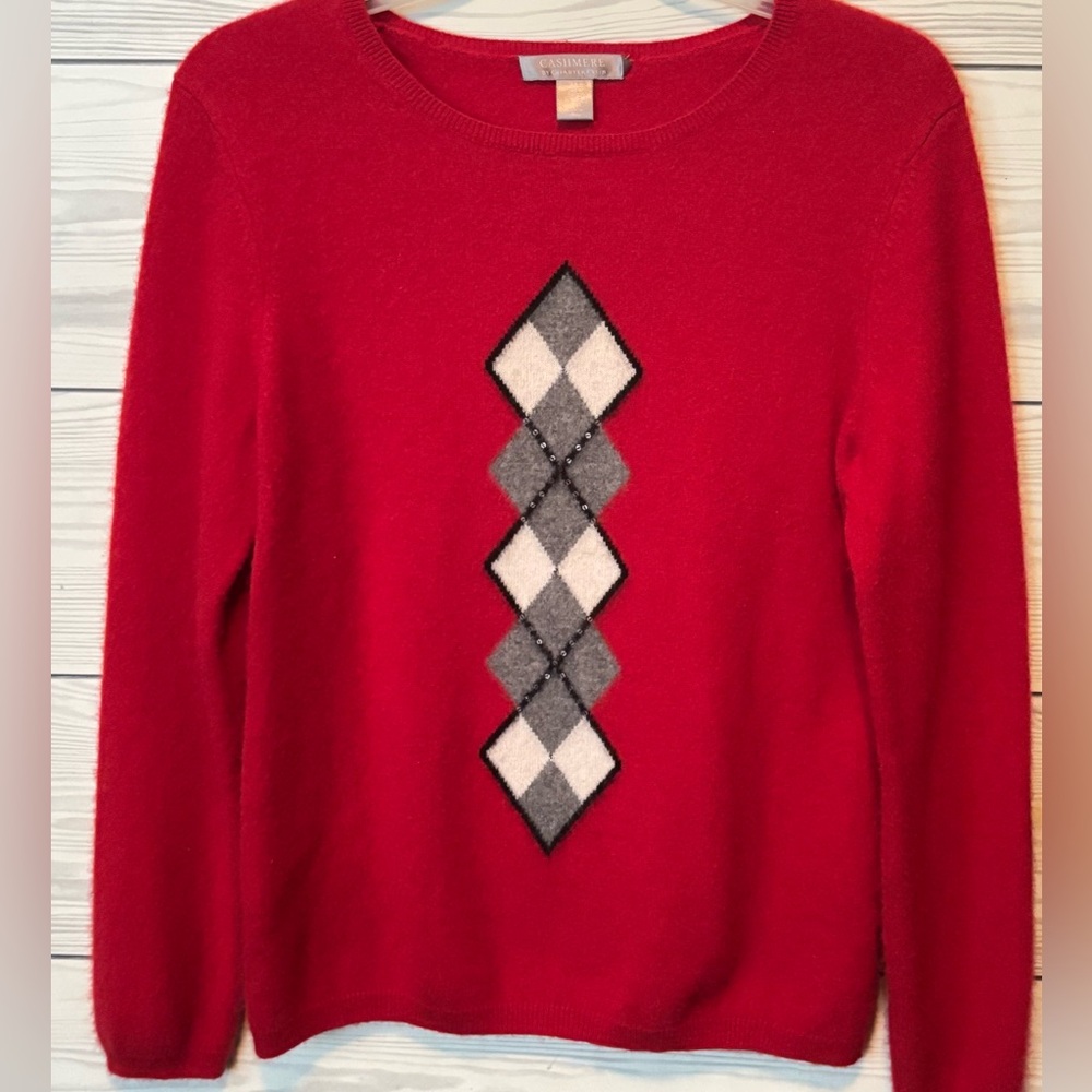 Cashmere by Charter Club SZ M Red Argyle Front Cashmere Sweater | NWOT